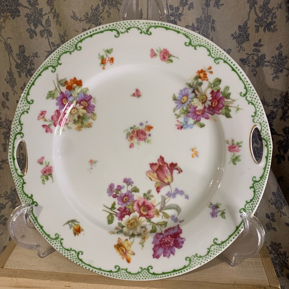 Antique Victoria Austria Floral 10" Porcelain Open Handled Cake Plate Green Trim